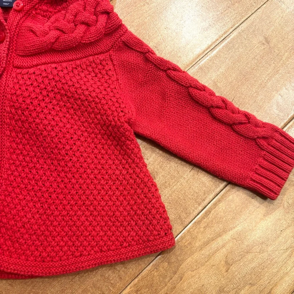 Baby Gap Girls Red Knit Cardigan Sweater w/ Hood Button-up Cotton 6-12 months